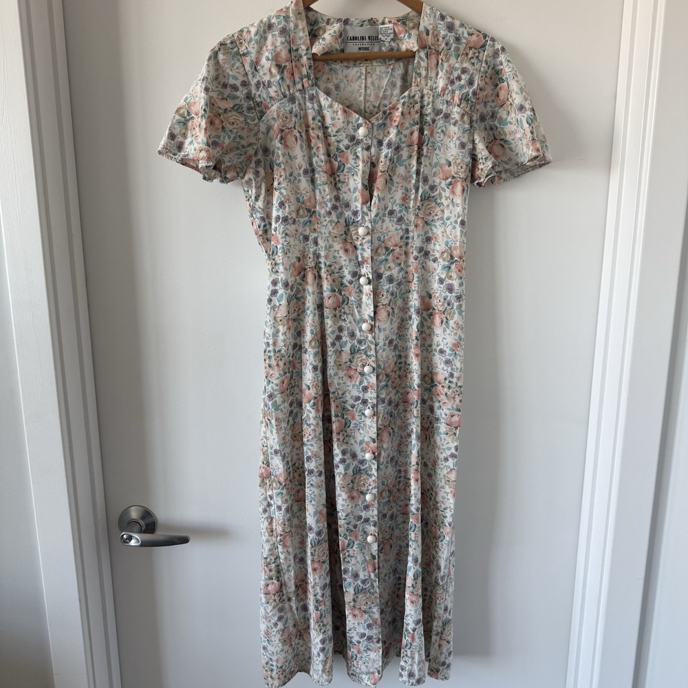 Vintage 90s Caroline Wells ditsy Floral Midi Dress Button Front Cottagecore 6P